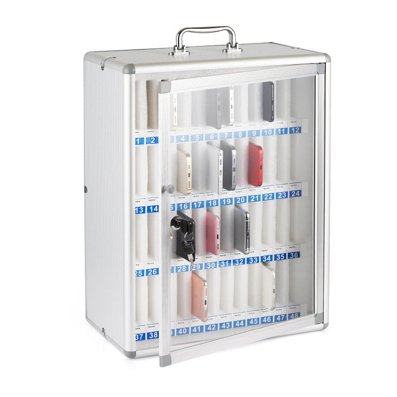 Loghot Aluminum Alloy Pocket Chart Cell Phones Storage Cabinet for Cell Phones, Wall-Mounted Cell Phone Locker Phone Holder with Lock for Classroom, Office, Can be Carried by Hand (48 Slots) - Image 1